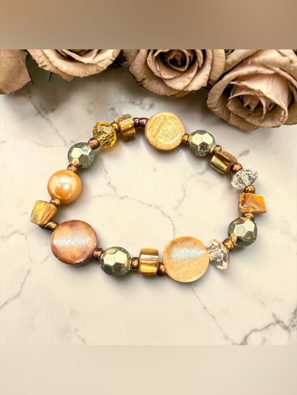 💛🤎Gold & Bronze Mixed Bead Stretch Bracelet/EUC💛🤎